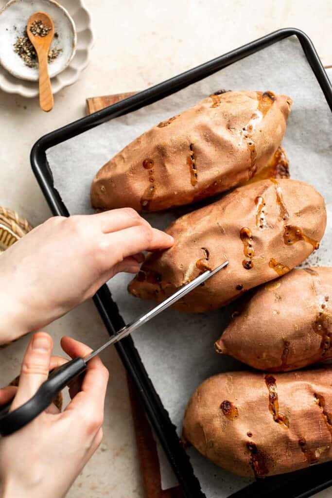 Baked Sweet Potato takes almost no effort to make (in the oven or grill) and always taste amazing. They're soft and tender, naturally sweet, and delicious! | aheadofthyme.com