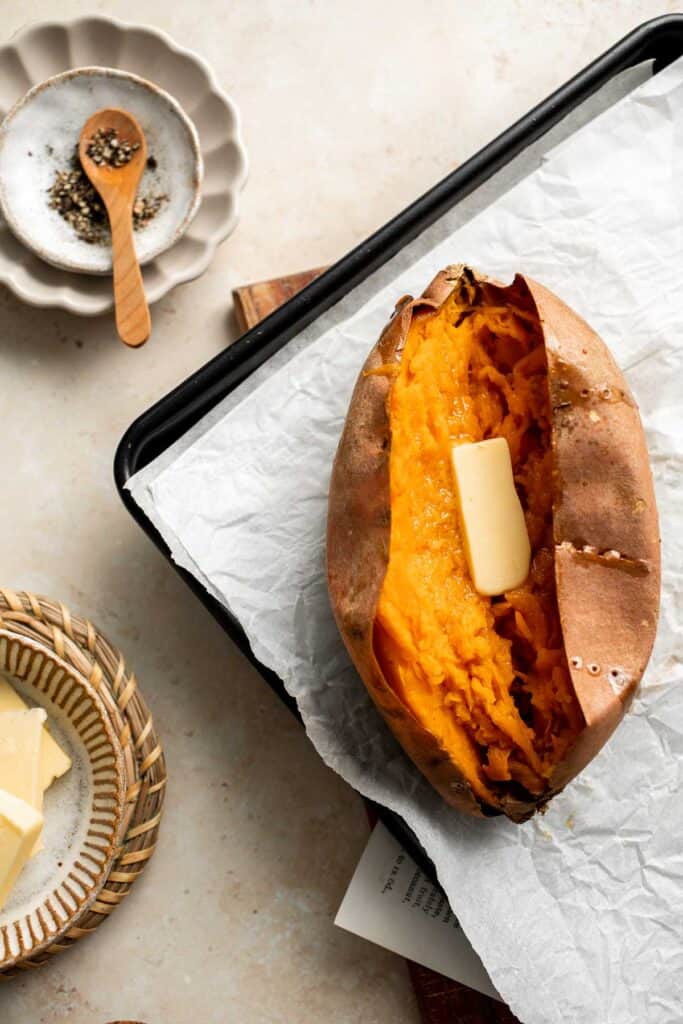 Baked Sweet Potato takes almost no effort to make (in the oven or grill) and always taste amazing. They're soft and tender, naturally sweet, and delicious! | aheadofthyme.com