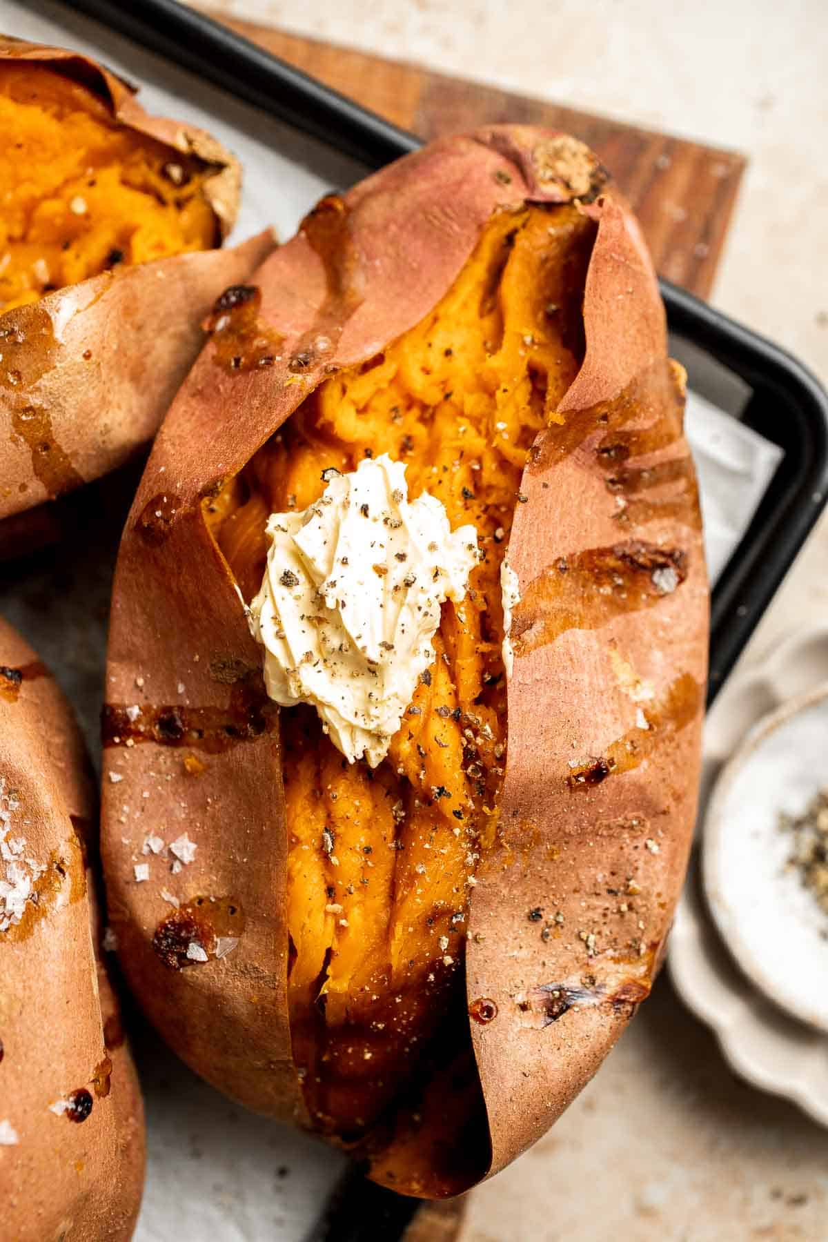 Baked Sweet Potato takes almost no effort to make (in the oven or grill) and always taste amazing. They're soft and tender, naturally sweet, and delicious! | aheadofthyme.com