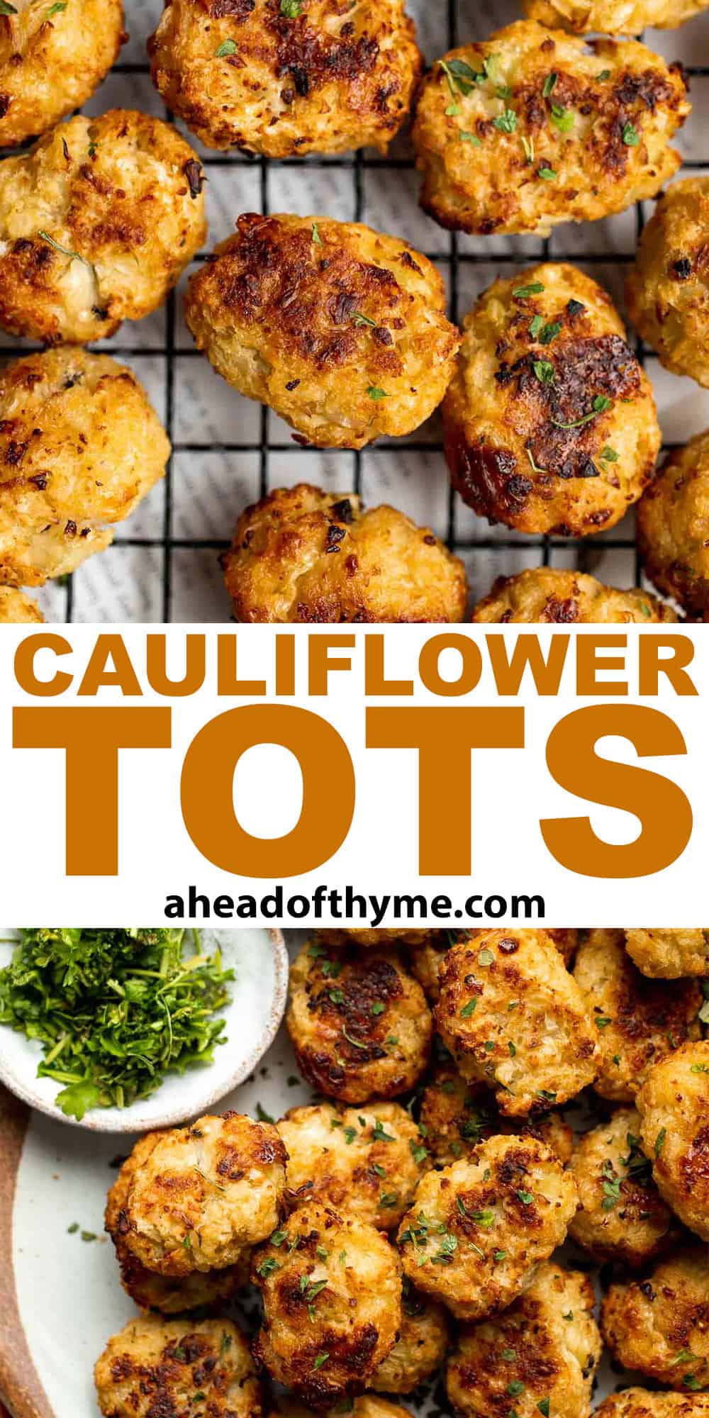 These Cauliflower Tots are everything you want in a tater tot — but better! They are crunchy on the outside, tender inside, higher in fiber, and cheesy. | aheadofthyme.com