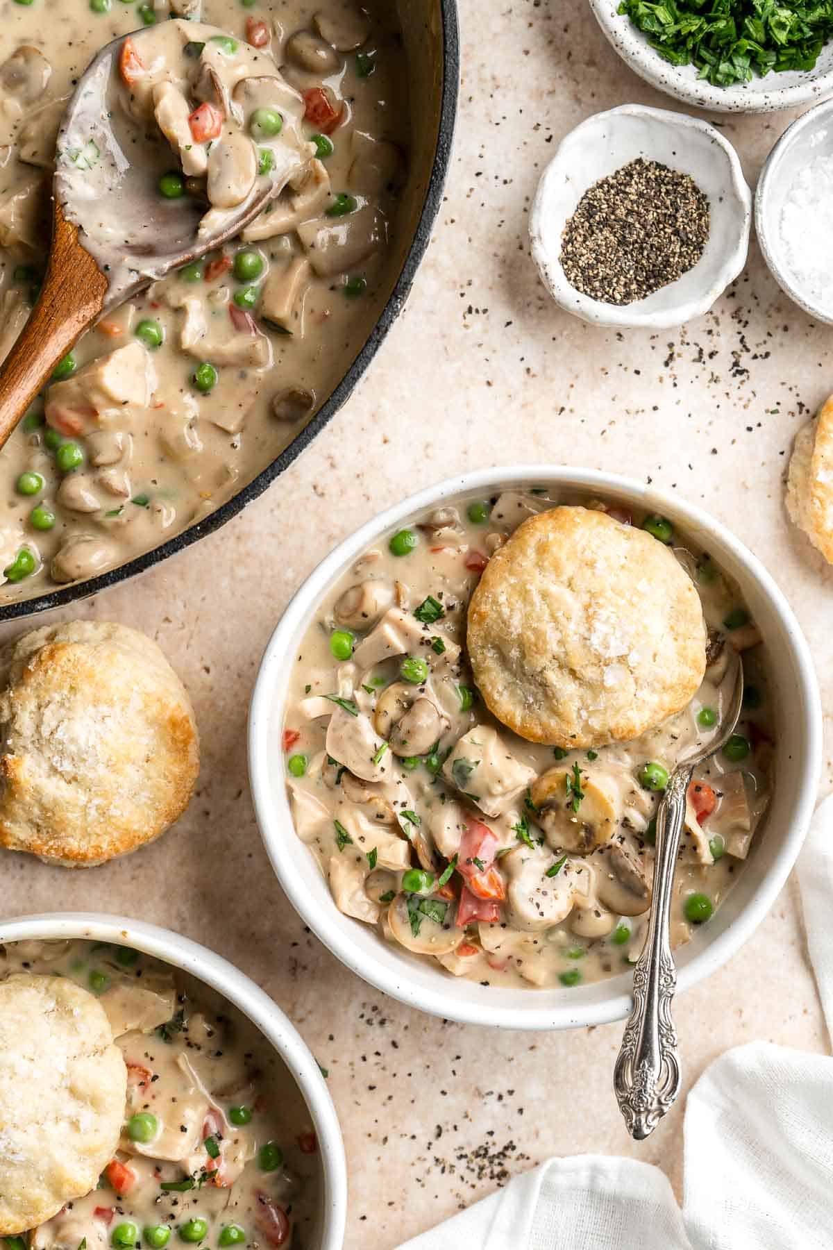 Chicken a la King is rich, creamy, and hearty comfort food. This 30-minute dinner recipe contains chicken and veggies in a cream sauce made from scratch. | aheadofthyme.com