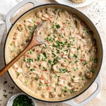 Chicken a la King is rich, creamy, and hearty comfort food. This 30-minute dinner recipe contains chicken and veggies in a cream sauce made from scratch. | aheadofthyme.com