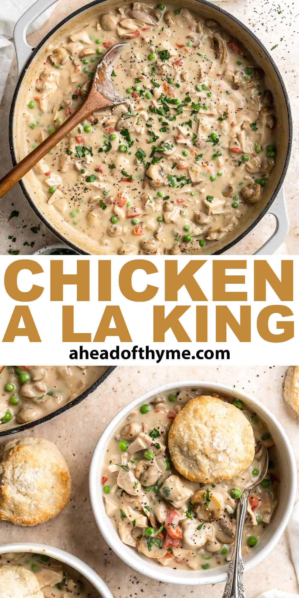 Chicken a la King is rich, creamy, and hearty comfort food. This 30-minute dinner recipe contains chicken and veggies in a cream sauce made from scratch. | aheadofthyme.com