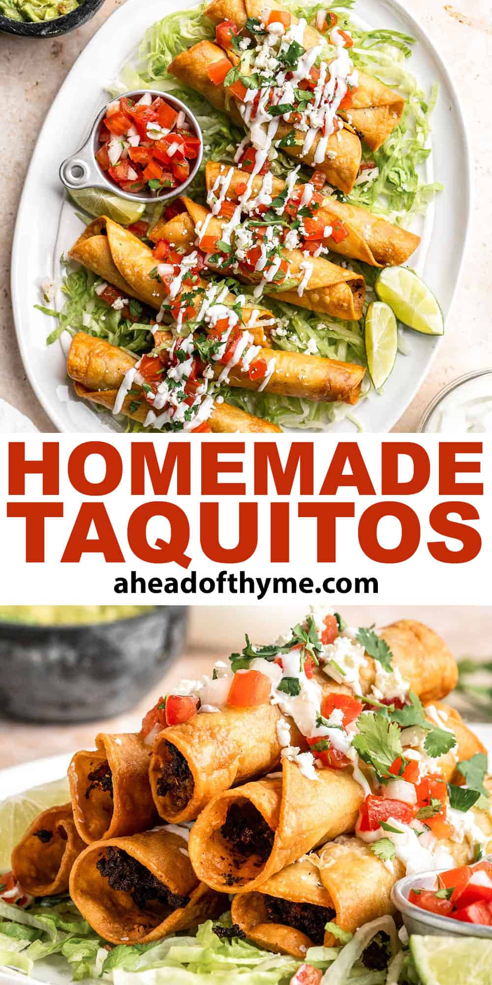 Homemade Taquitos are crispy, delicious and flavorful. These rolled tacos are filled with seasoned ground beef and melty cheese — and can be fried or baked! | aheadofthyme.com