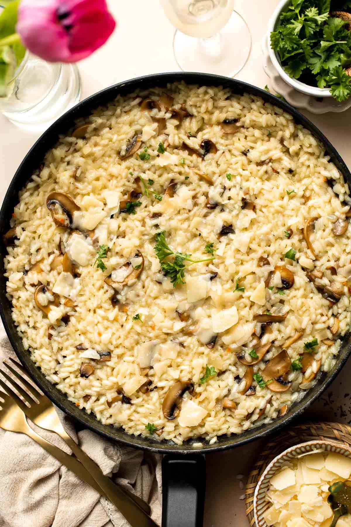 Mushroom Risotto is a rich creamy one pot rice dish made with simple ingredients that deliver bold flavors. Making homemade risotto from scratch is easy! | aheadofthyme.com