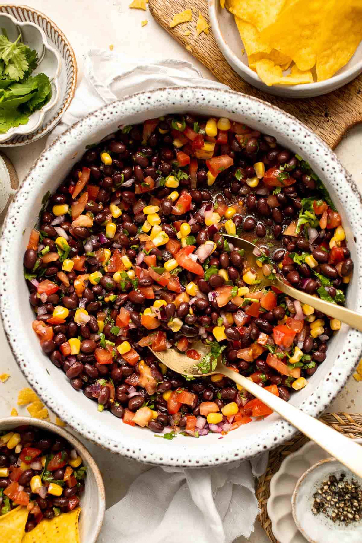 This quick and easy Black Bean Salsa is a delicious Mexican dip loaded with black beans, veggies, cilantro, and lime juice for the best summer flavor. | aheadofthyme.com