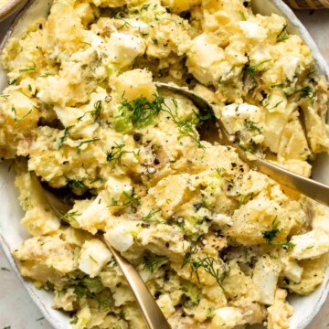 Classic Potato Salad is tangy and creamy with chunks of fluffy potatoes, soft eggs, and crunchy vegetables. It’s a perfect, quick and easy summer side dish. | aheadofthyme.com