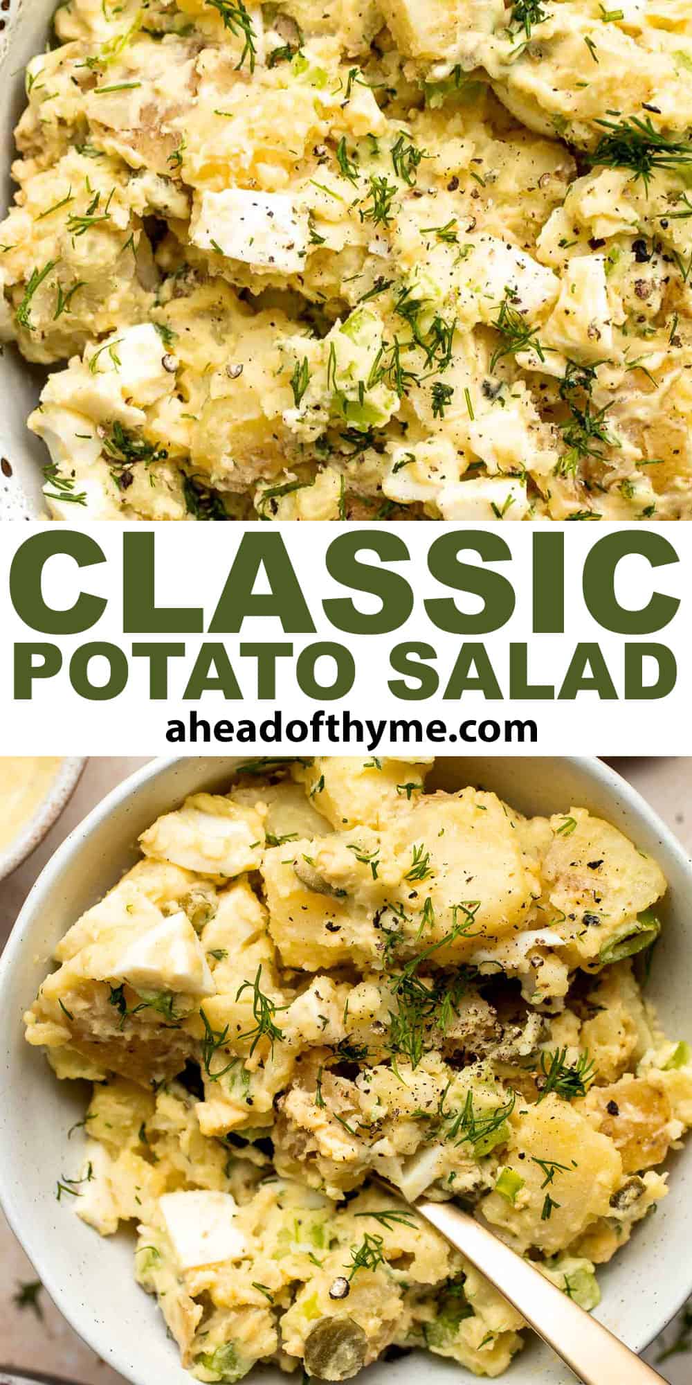 Classic Potato Salad is tangy and creamy with chunks of fluffy potatoes, soft eggs, and crunchy vegetables. It’s a perfect, quick and easy summer side dish. | aheadofthyme.com