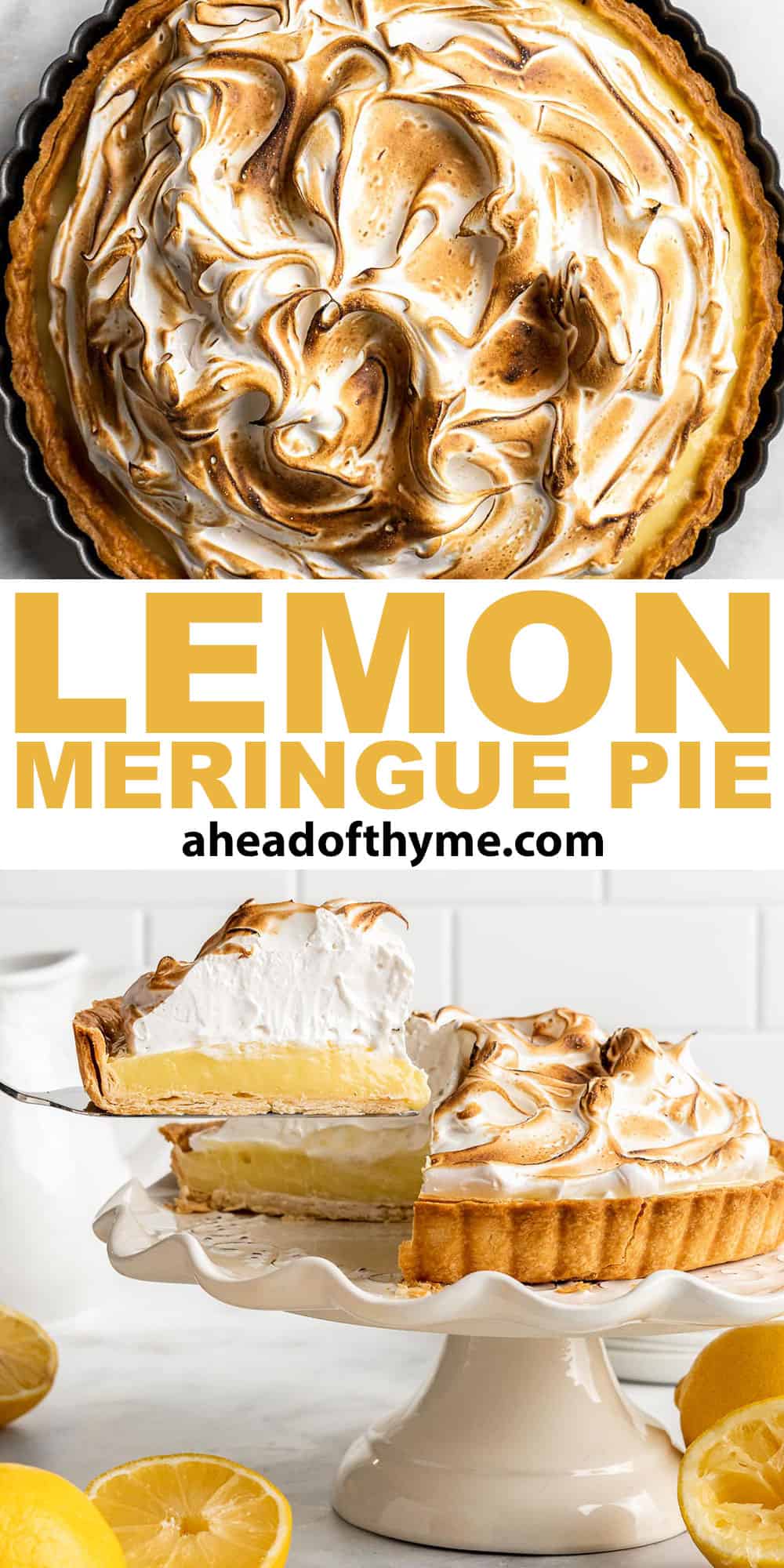 Lemon Meringue Pie made with delicate peaks of golden-brown meringue, creamy and tart lemon curd filling, and flaky pie crust is the best homemade pie ever! | aheadofthyme.com