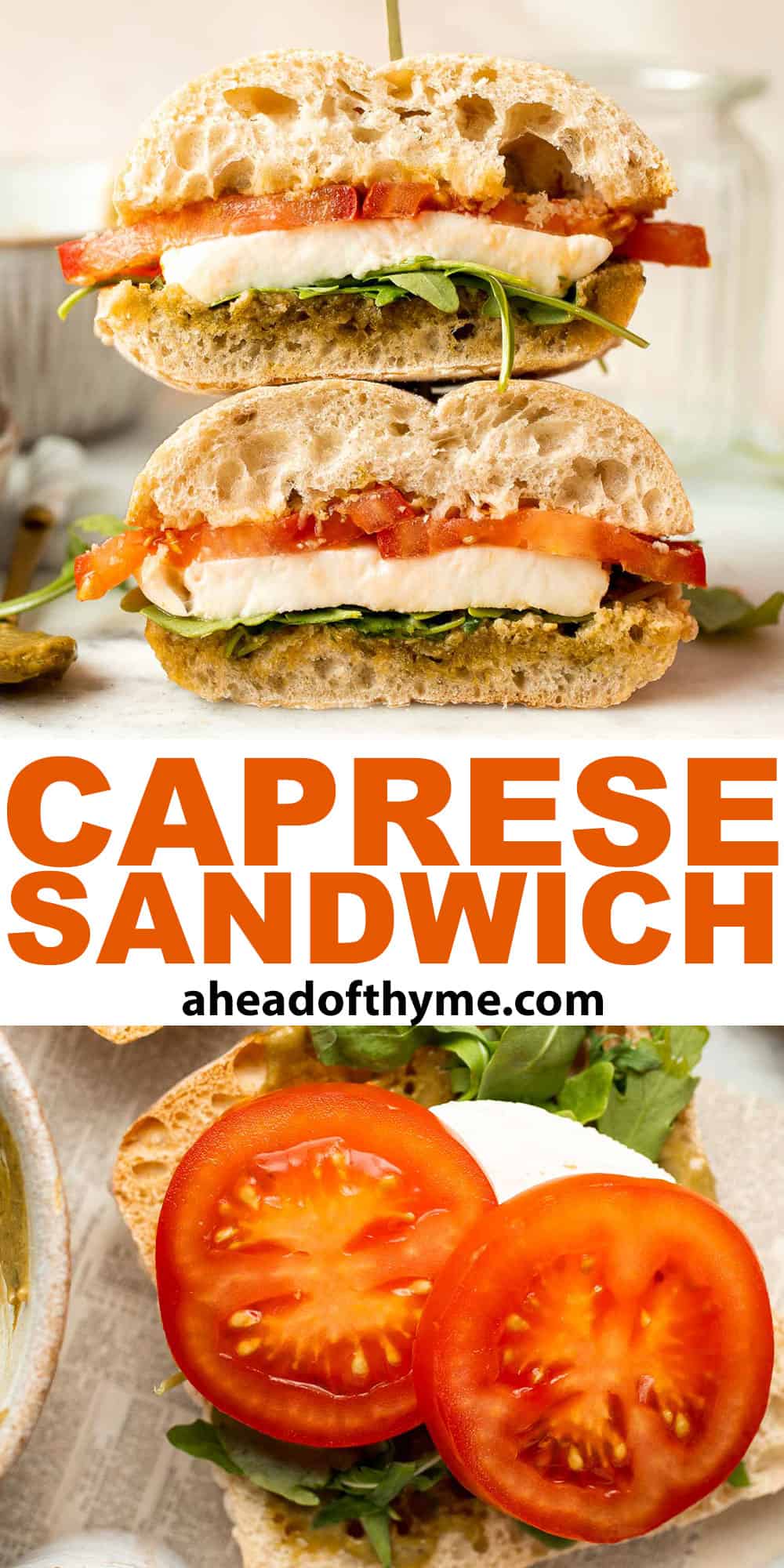 This vegetarian Caprese Sandwich is packed with layers of fresh tomatoes, mozzarella, greens, and a balsamic basil pesto sauce in between ciabatta buns. | aheadofthyme.com