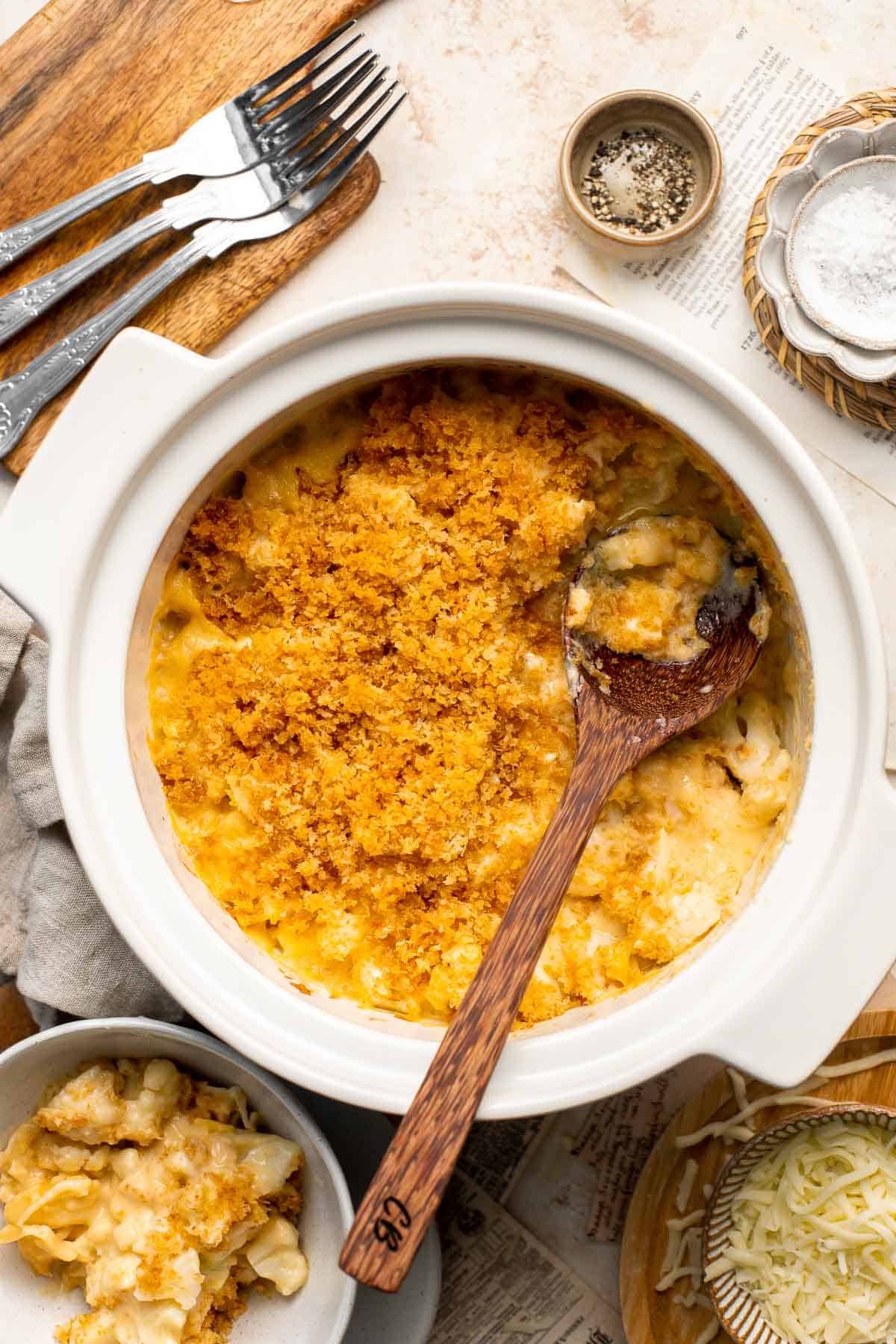 Cauliflower Mac and Cheese is everything you want in homemade mac and cheese but with a veggie twist — creamy, cheesy, and topped with crispy breadcrumbs. | aheadofthyme.com