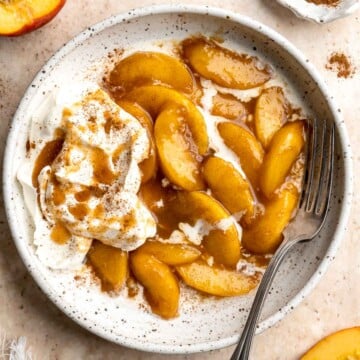 Peaches and Cream is an old-fashioned, no bake dessert that is simple to make with layers of tender, stewed peaches and homemade whipped cream. | aheadofthyme.com