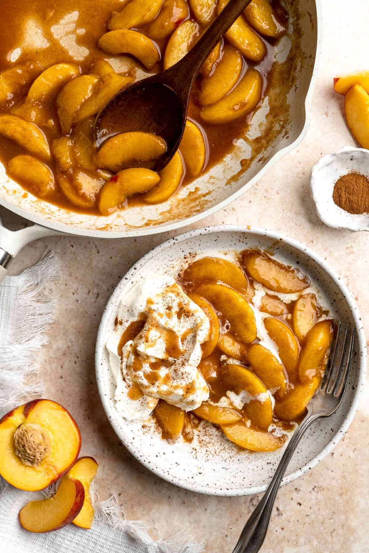 Peaches and Cream is an old-fashioned, no bake dessert that is simple to make with layers of tender, stewed peaches and homemade whipped cream. | aheadofthyme.com