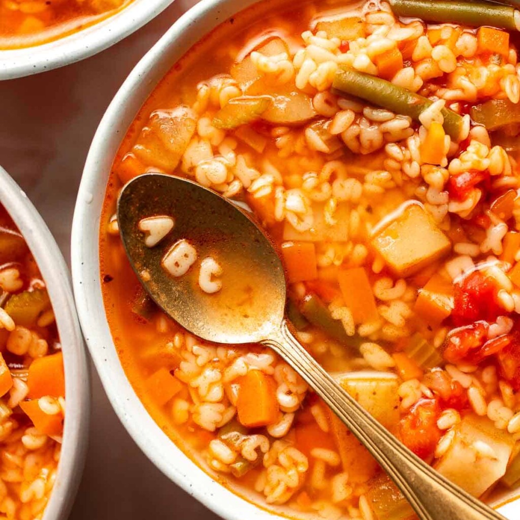 Homemade Alphabet Soup will quickly become a family favorite with its hearty vegetables and fun alphabet noodles. It's quick and easy to make in 30 minutes. | aheadofthyme.com