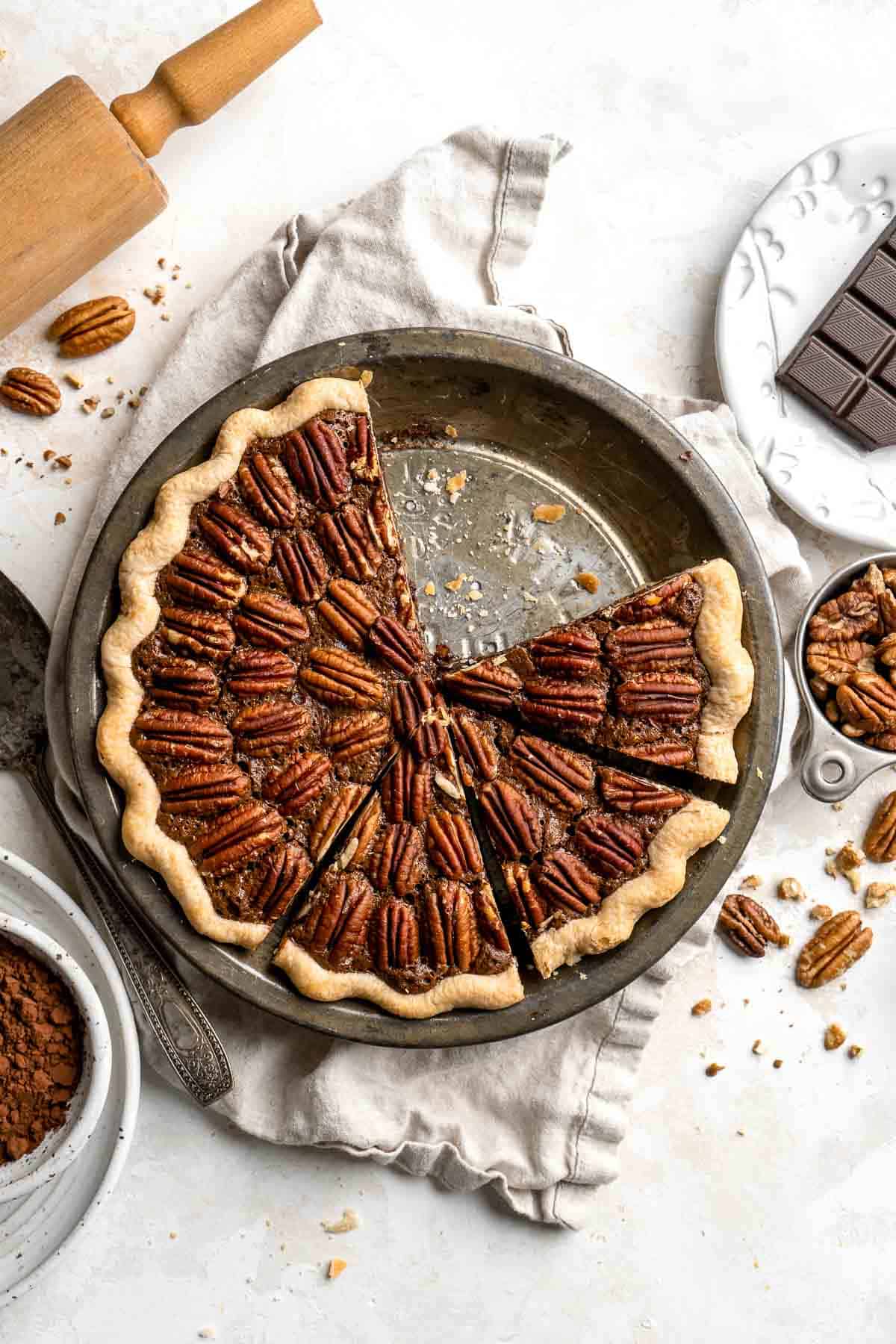 This decadent Chocolate Pecan Pie is a twist on the classic holiday pie with a rich, dark chocolate flavor that pairs wonderfully with toasted pecans. | aheadofthyme.com