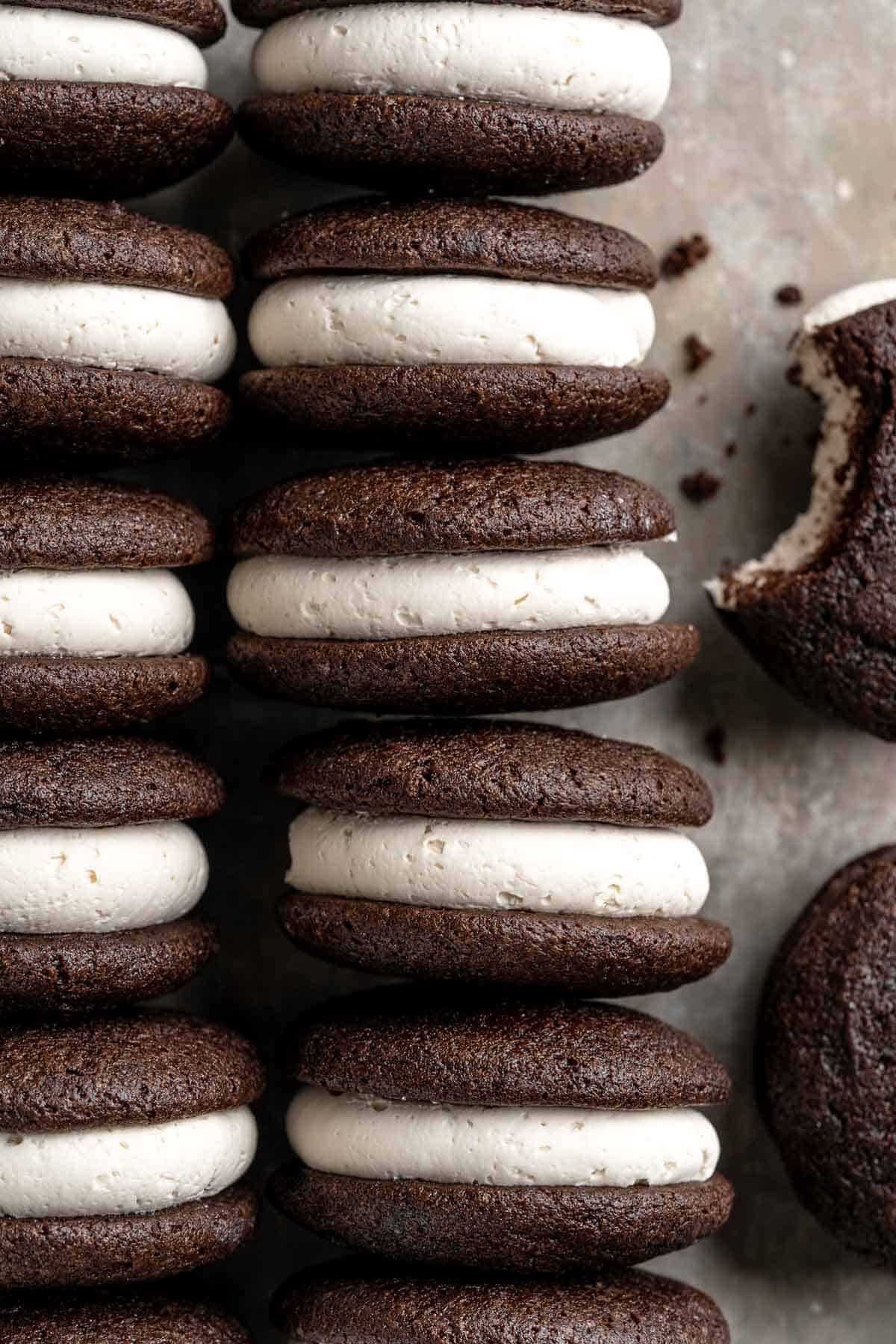 Chocolate Whoopie Pies are a classic American dessert made with two cake-like chocolate cookies sandwiched together with a creamy marshmallow filling. | aheadofthyme.com