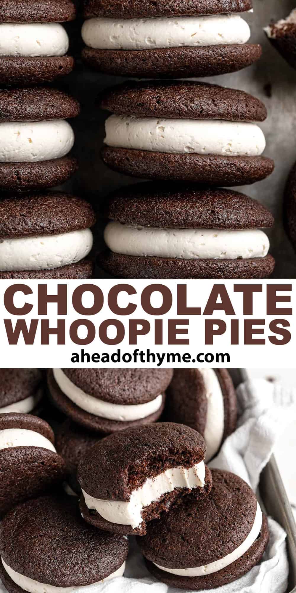 Chocolate Whoopie Pies are a classic American dessert made with two cake-like chocolate cookies sandwiched together with a creamy marshmallow filling. | aheadofthyme.com