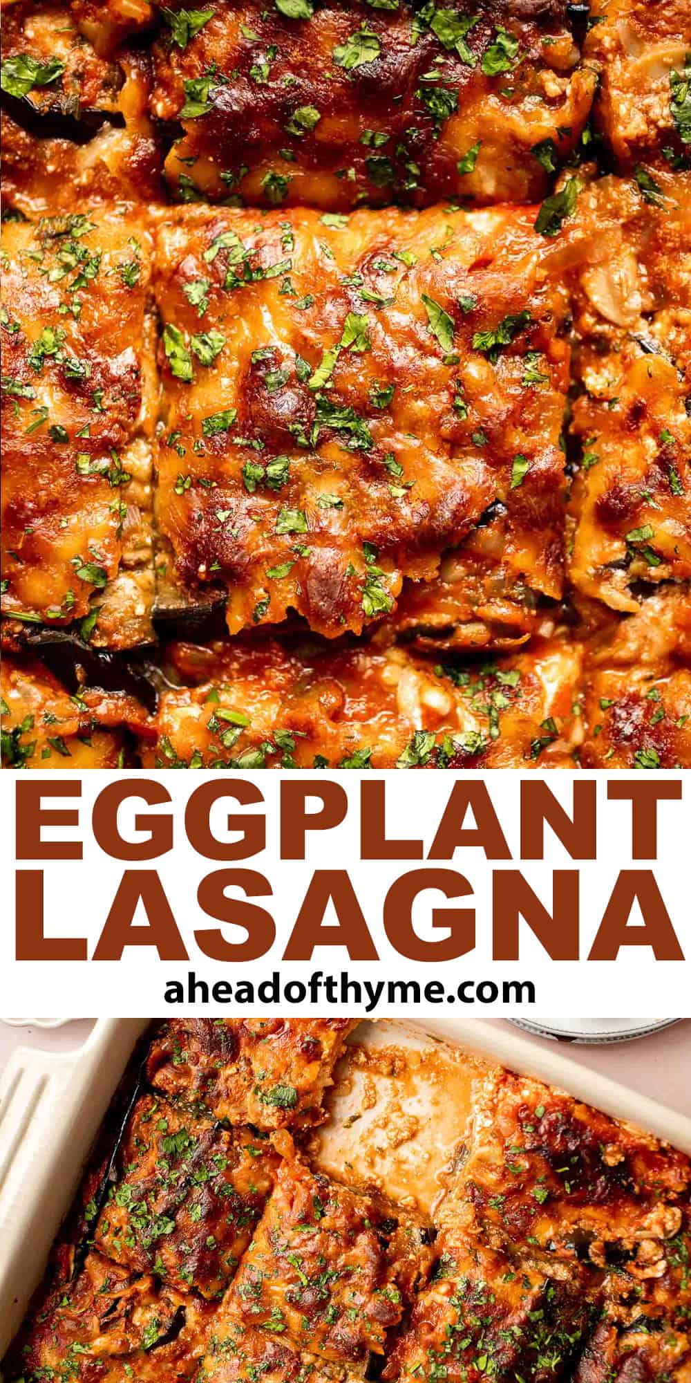 This Eggplant Lasagna is cheesy, saucy, and packed with layers of roasted eggplant, mushrooms, and melty cheese. It's gluten-free and vegetarian too. | aheadofthyme.com