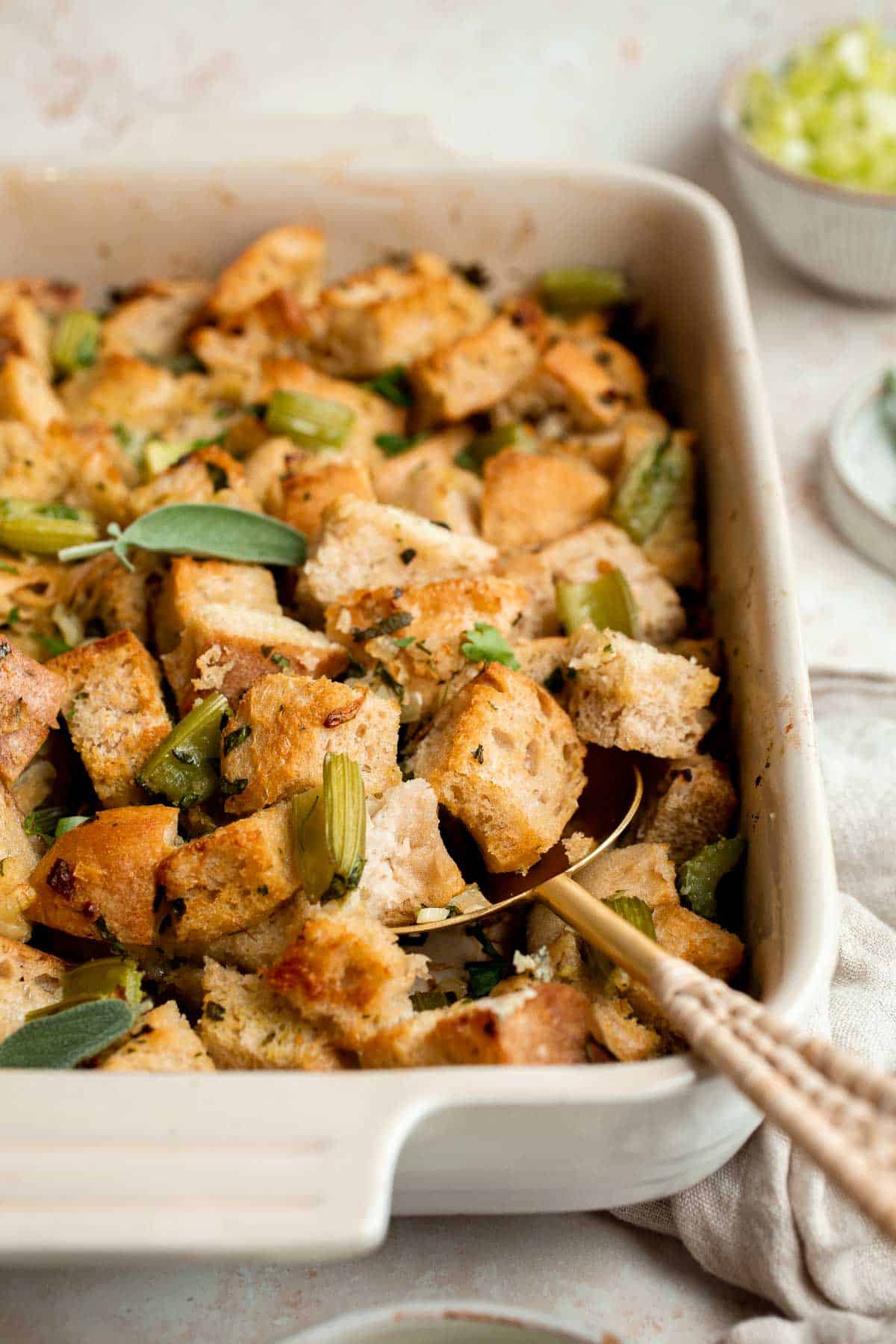Skip the boxed mix and make your own Homemade Stuffing from scratch using a few common ingredients for a delicious, aromatic side dish this Thanksgiving. | aheadofthyme.com