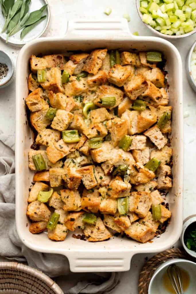 Skip the boxed mix and make your own Homemade Stuffing from scratch using a few common ingredients for a delicious, aromatic side dish this Thanksgiving. | aheadofthyme.com