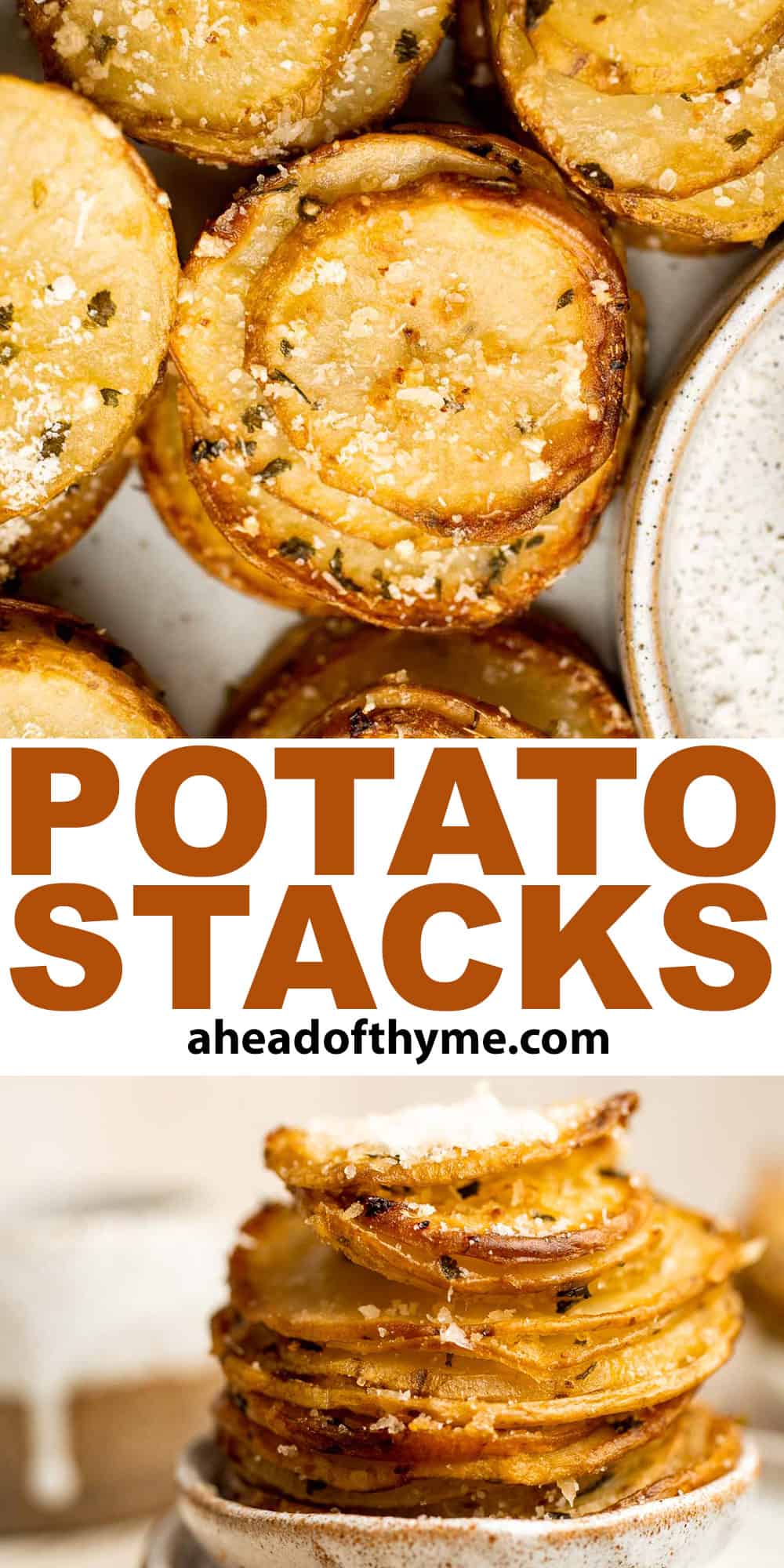 Potato Stacks are crispy, cheesy, and flavorful, making them the perfect side dish with crunchy edges and soft gooey centers bursting with amazing flavor. | aheadofthyme.com