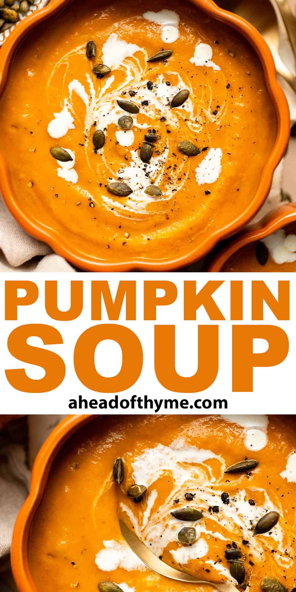This Pumpkin Soup is perfectly smooth and creamy with aromatic vegetables and warm spices. Make it this fall from start to finish in about 30 minutes! | aheadofthyme.com