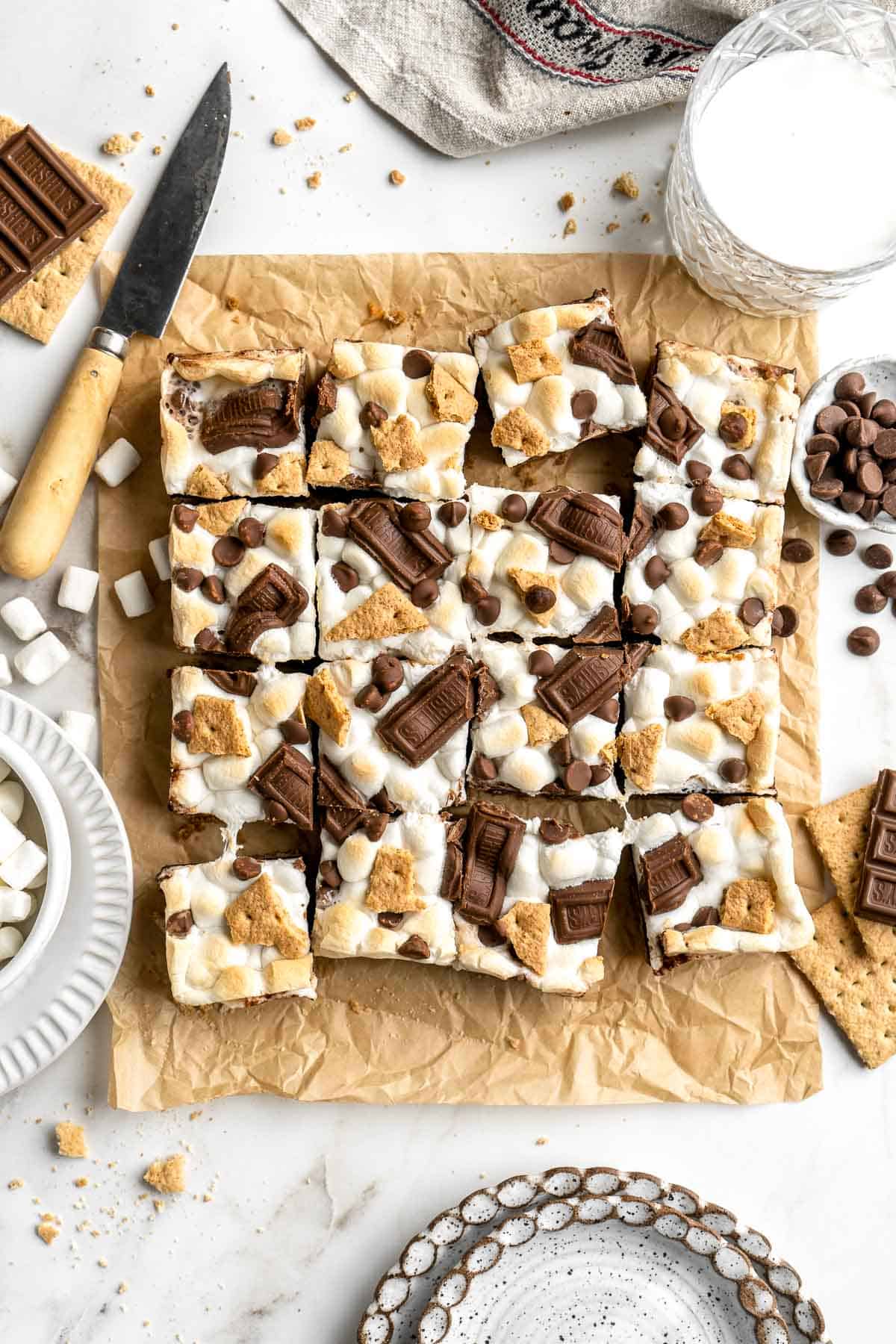 S'mores Bars are a delicious twist on the classic campfire dessert with delicious layers of graham crackers, chocolate, and marshmallows. | aheadofthyme.com
