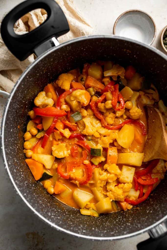 This Vegetable Curry is a quick, delicious, and nutritious meal for the whole family to enjoy — loaded with veggies and chickpeas in a homemade curry sauce. | aheadofthyme.com