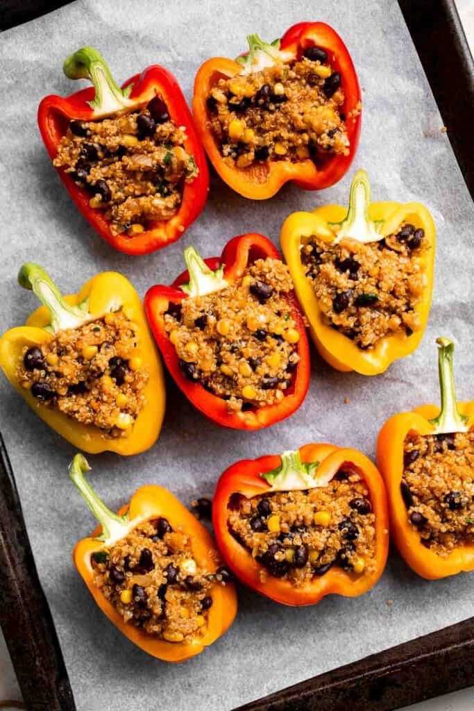 Overhead view showing the quinoa, black bean, and corn filling inside a stuffed pepper