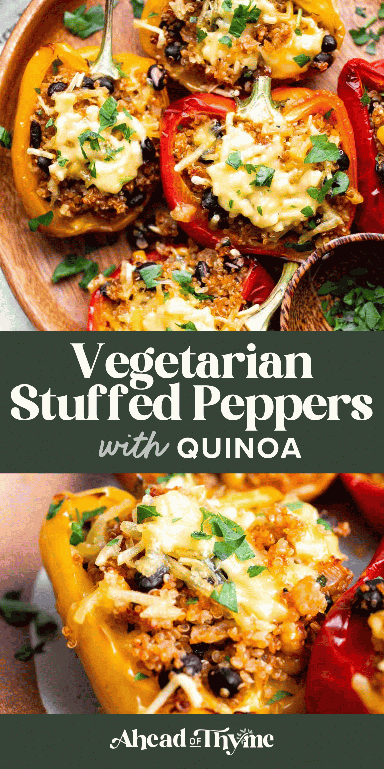 Vegetarian Quinoa Stuffed Peppers recipe — bell peppers stuffed with quinoa, black beans, corn, and melted cheese, a hearty gluten-free dinner | Ahead of Thyme