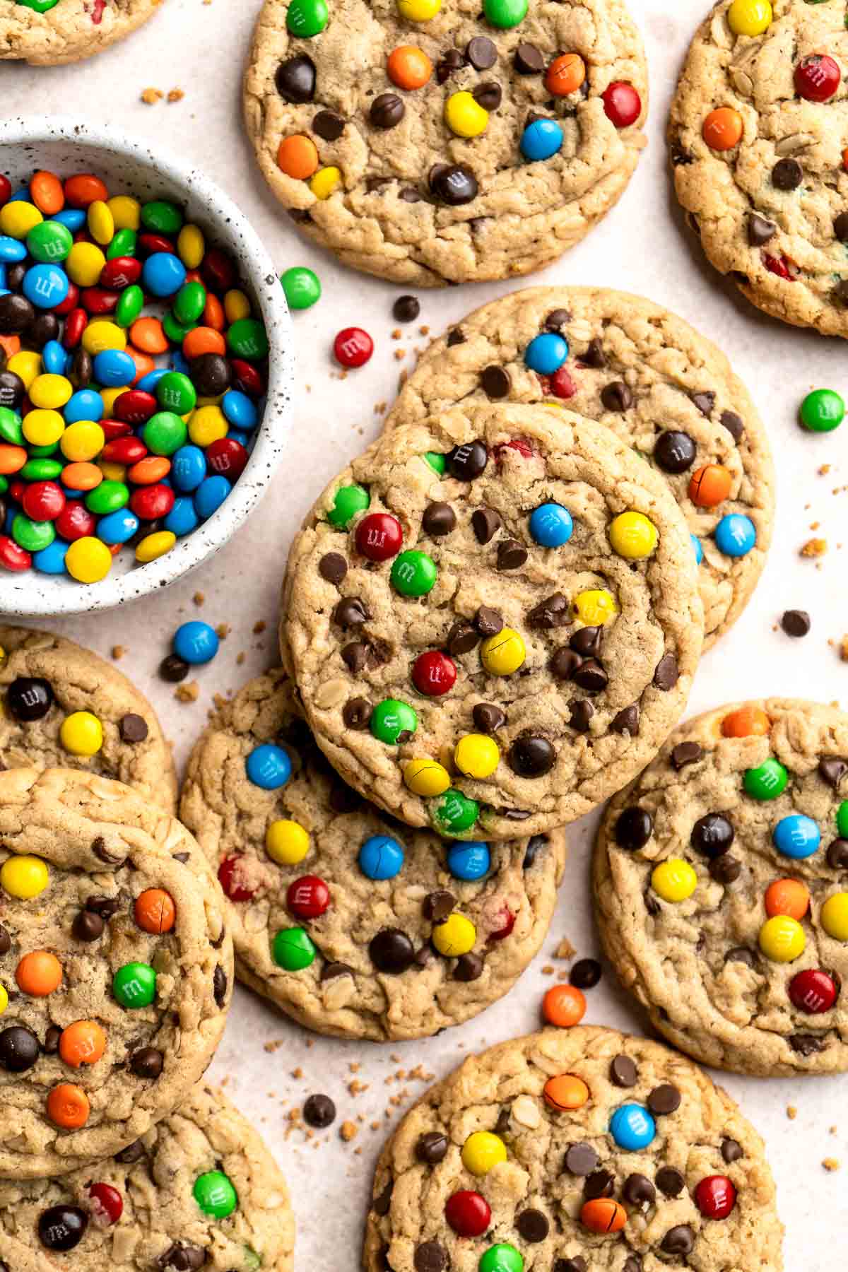 Monster Cookies are soft, chewy, colorful, and full of delicious goodies including oats, peanut butter, chocolate chips, and M&M's. | aheadofthyme.com
