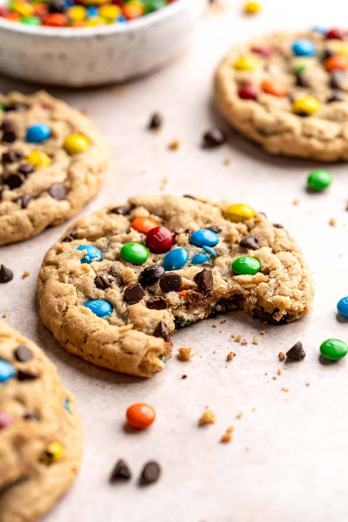 Monster Cookies are soft, chewy, colorful, and full of delicious goodies including oats, peanut butter, chocolate chips, and M&M's. | aheadofthyme.com