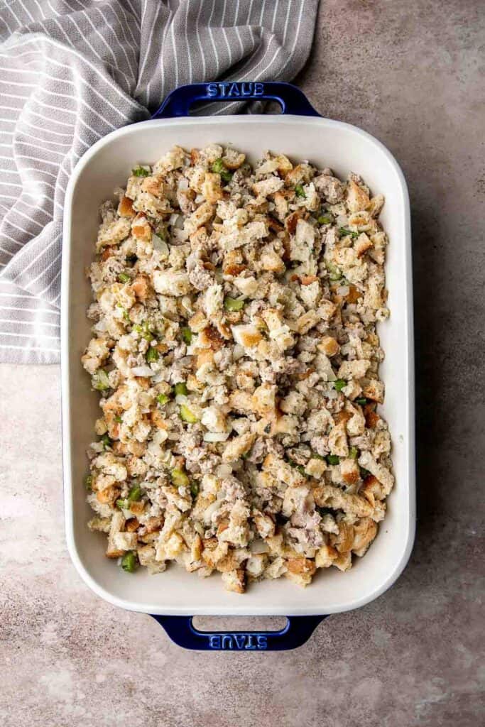 Sausage Stuffing is a classic holiday side dish that's easy to make with a handful of ingredients. Flavorful and moist, it's perfect for Thanksgiving. | aheadofthyme.com
