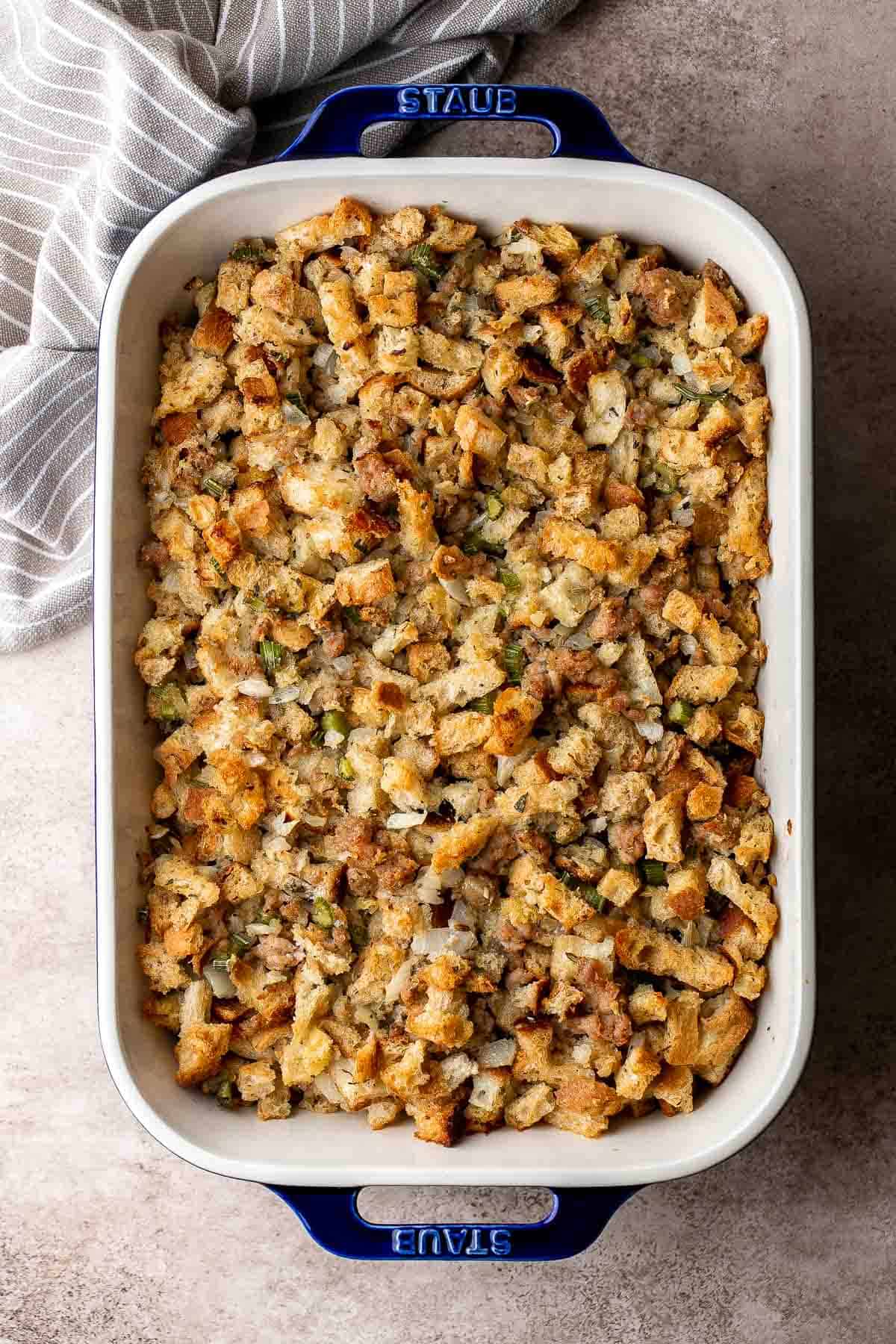 Sausage Stuffing is a classic holiday side dish that's easy to make with a handful of ingredients. Flavorful and moist, it's perfect for Thanksgiving. | aheadofthyme.com