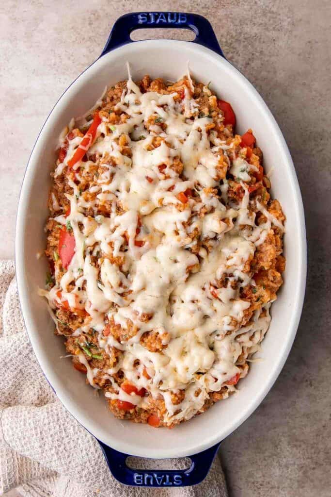 Skip the stuffing process with this easy Stuffed Pepper Casserole and cook the peppers with beef, rice, tomatoes, and spices for a delicious one pot meal. | aheadofthyme.com