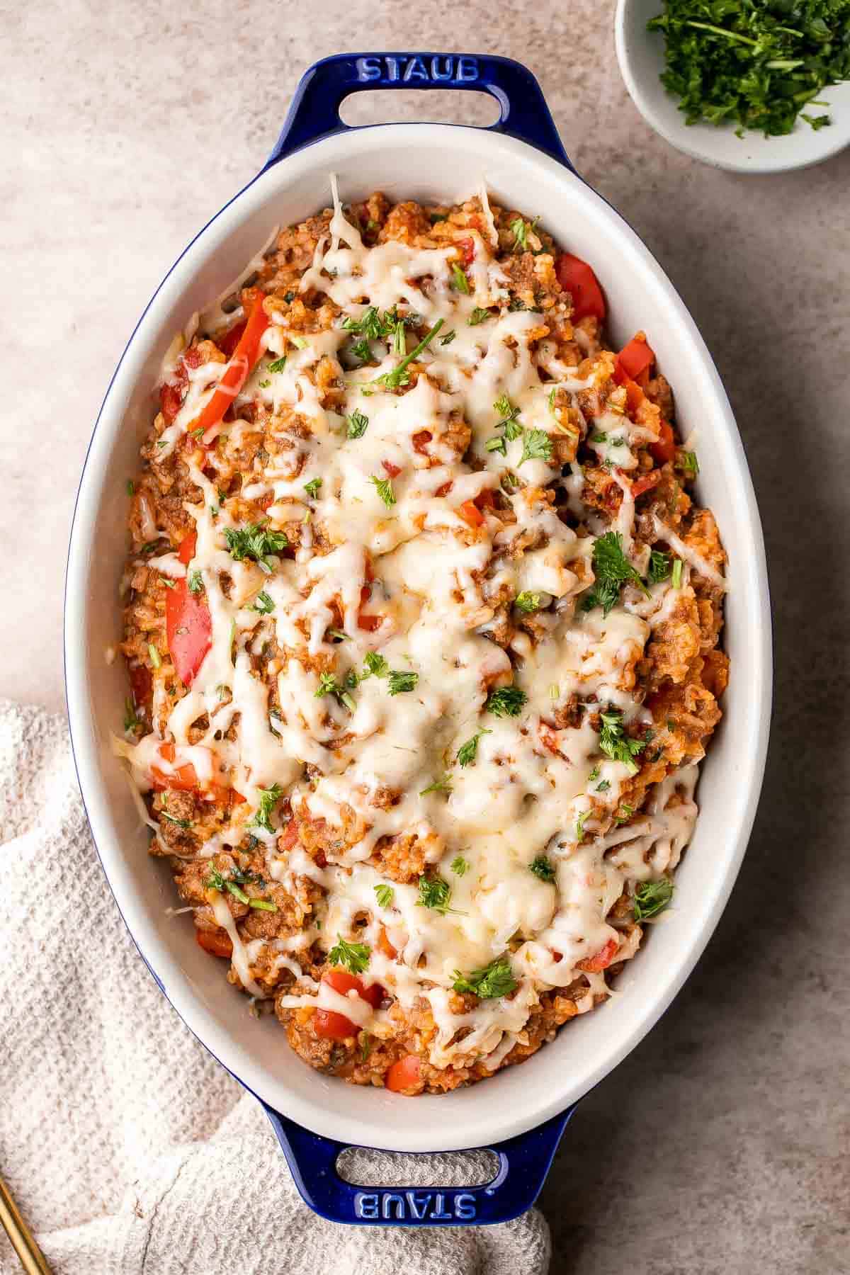 Skip the stuffing process with this easy Stuffed Pepper Casserole and cook the peppers with beef, rice, tomatoes, and spices for a delicious one pot meal. | aheadofthyme.com