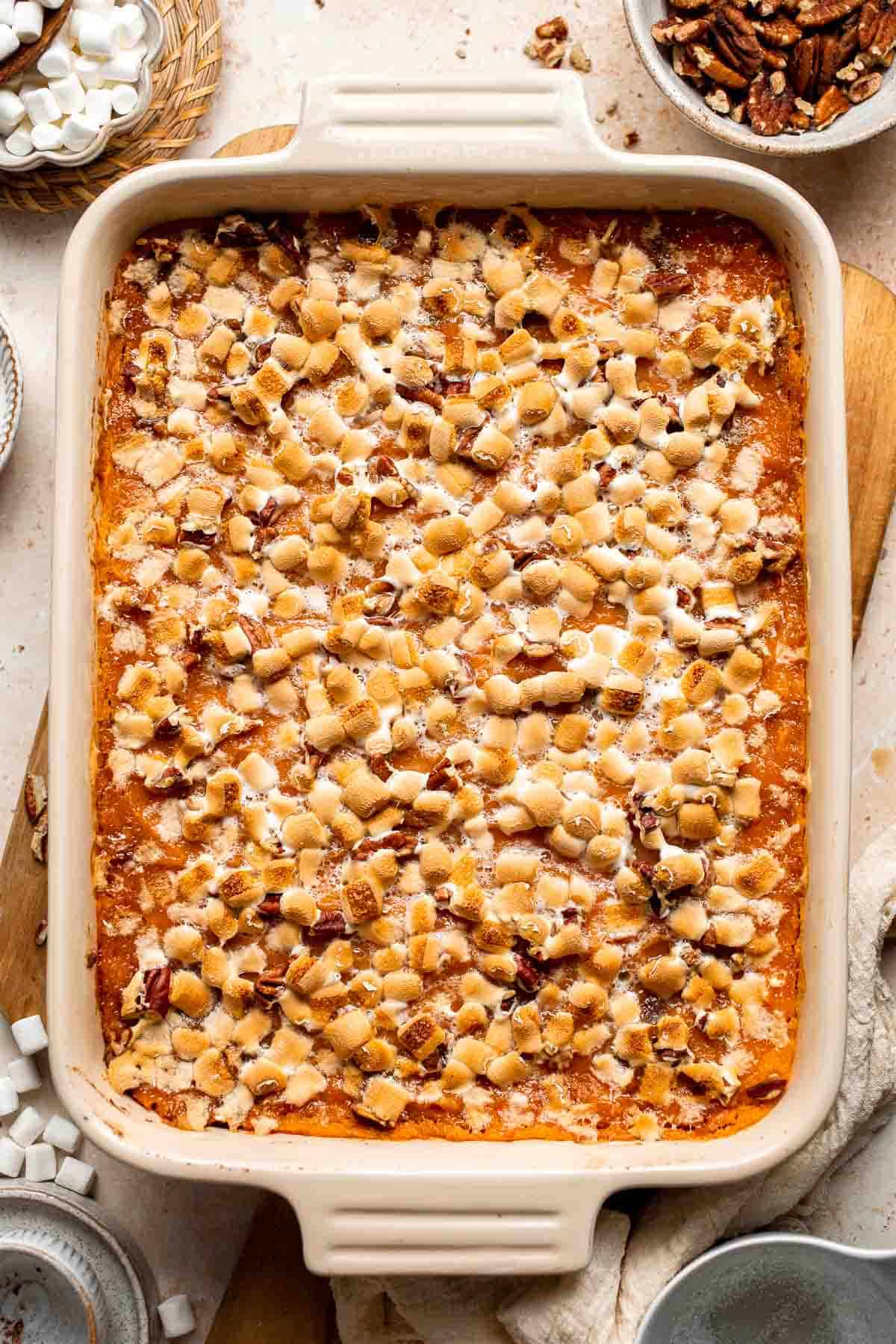 Sweet Potato Casserole with Marshmallows is a classic Thanksgiving side dish that is sweet and creamy with warm spices and molten, gooey marshmallows. | aheadofthyme.com