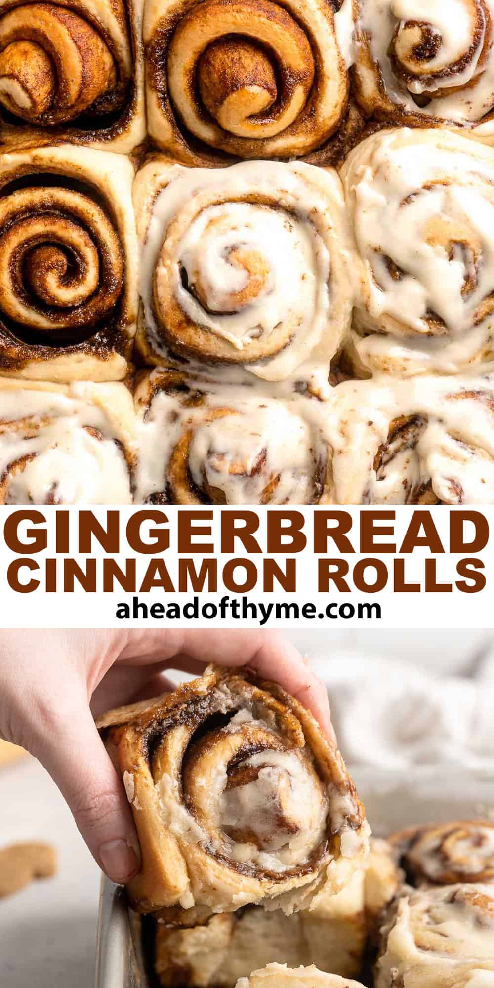 Gingerbread Cinnamon Rolls are made with a rich gingerbread filling and topped with cream cheese frosting. A must-have during the holiday season! | aheadofthyme.com