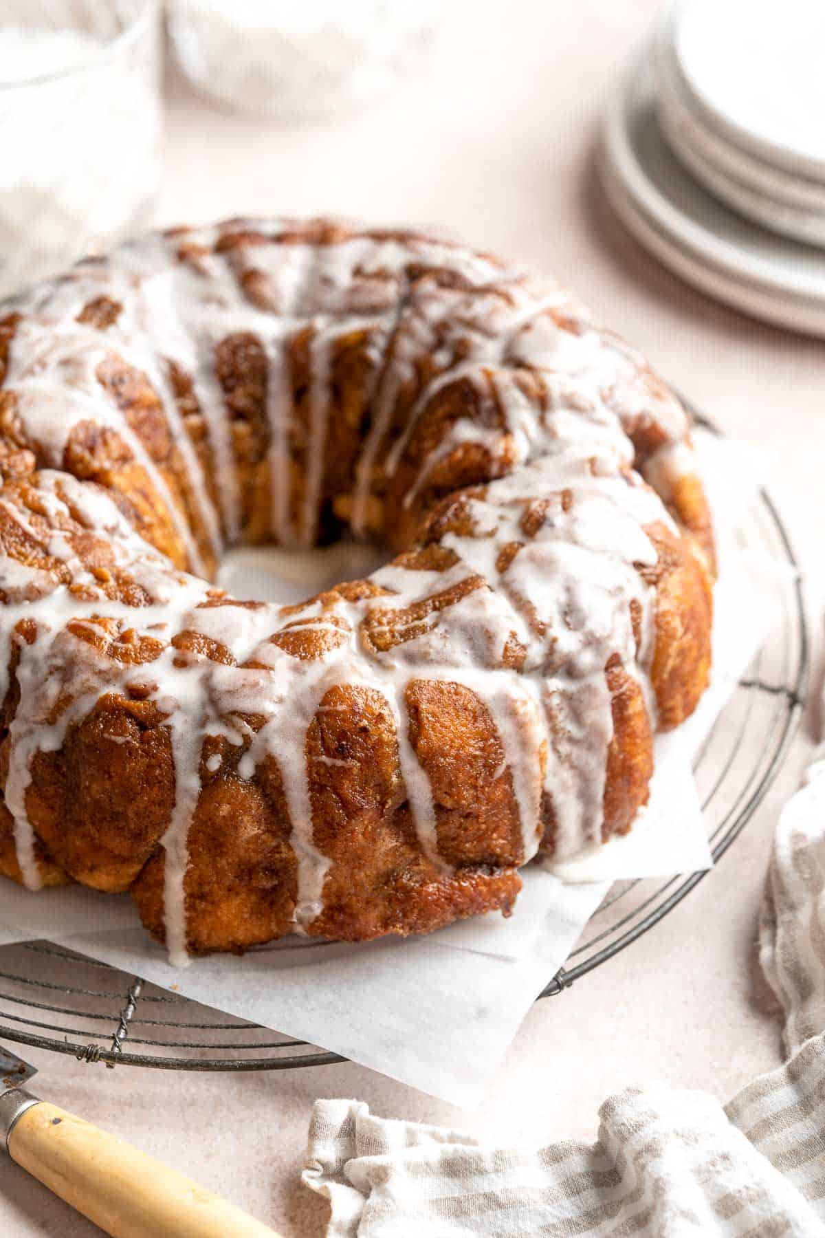 Monkey Bread is a delicious pull apart breakfast pastry made with a super soft dough coated in cinnamon sugar and topped with homemade caramel sauce. | aheadofthyme.com