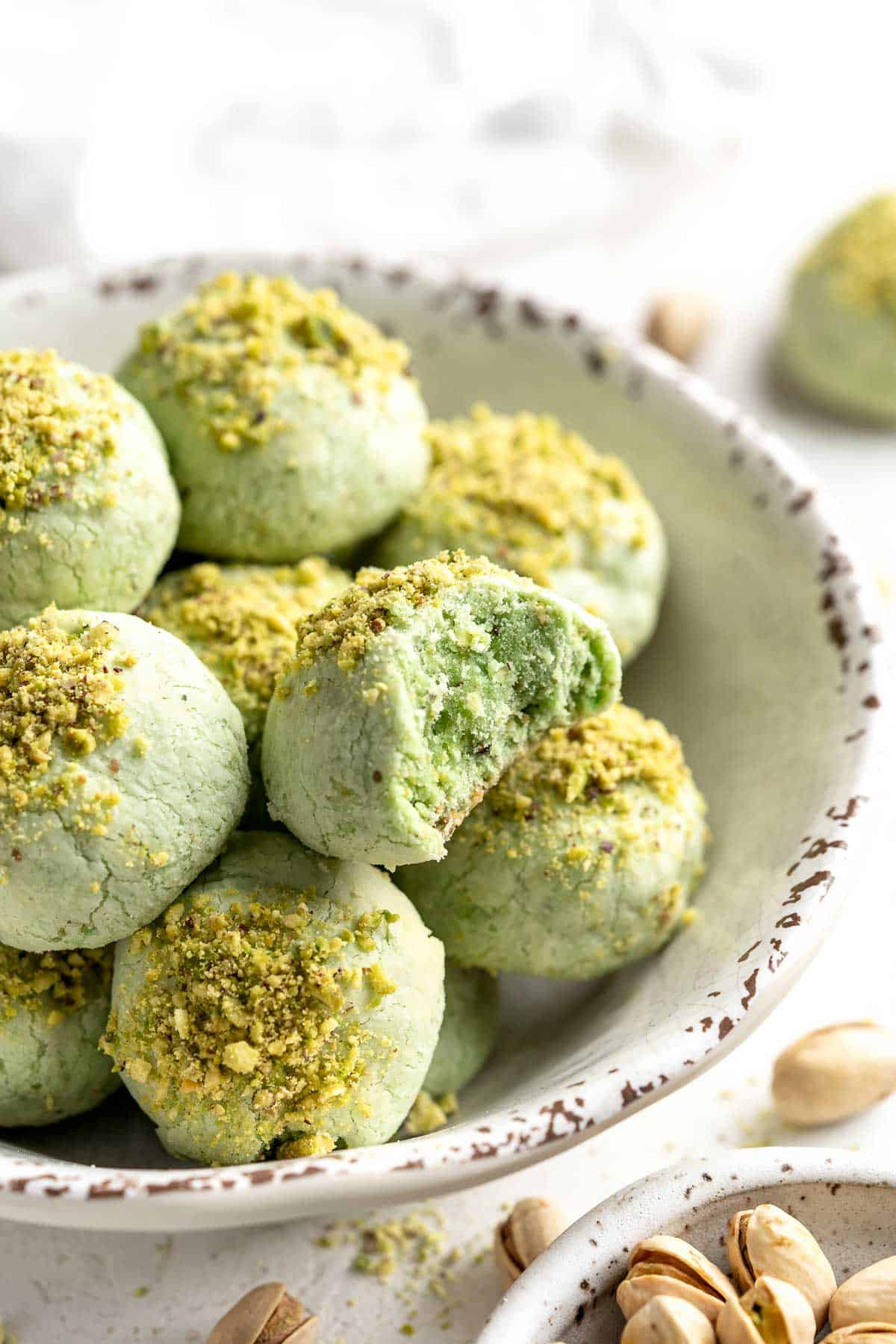 Pistachio Cookies are the perfect little bites, made with real ground pistachios suspended in a buttery, crumbly cookie dough, which melts in your mouth. | aheadofthyme.com