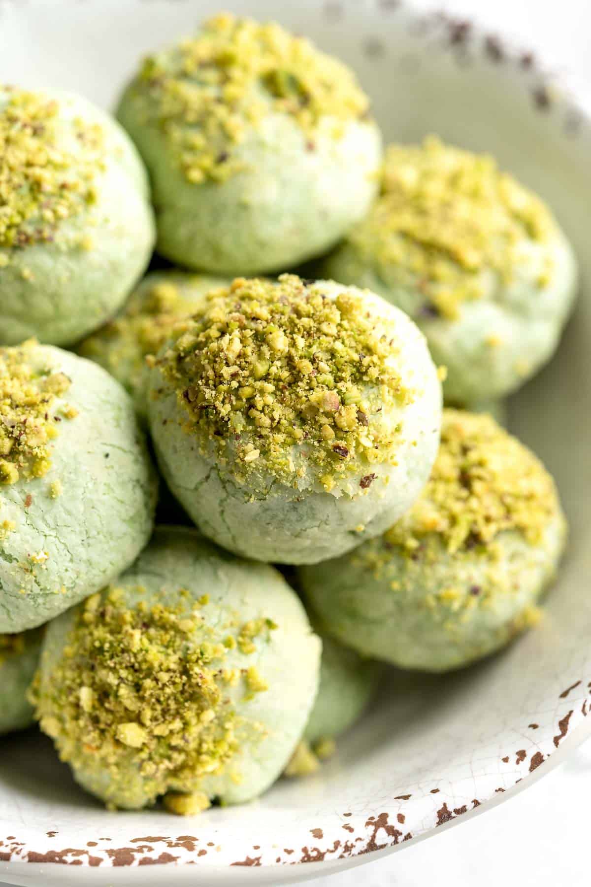 Pistachio Cookies are the perfect little bites, made with real ground pistachios suspended in a buttery, crumbly cookie dough, which melts in your mouth. | aheadofthyme.com