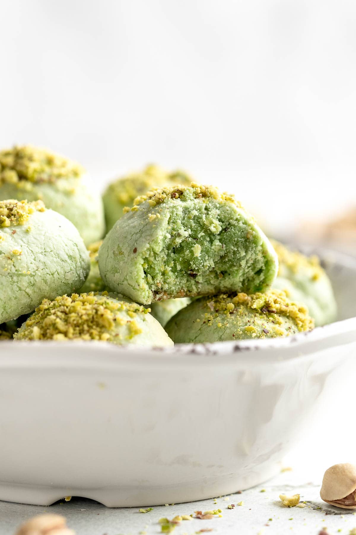 Pistachio Cookies are the perfect little bites, made with real ground pistachios suspended in a buttery, crumbly cookie dough, which melts in your mouth. | aheadofthyme.com