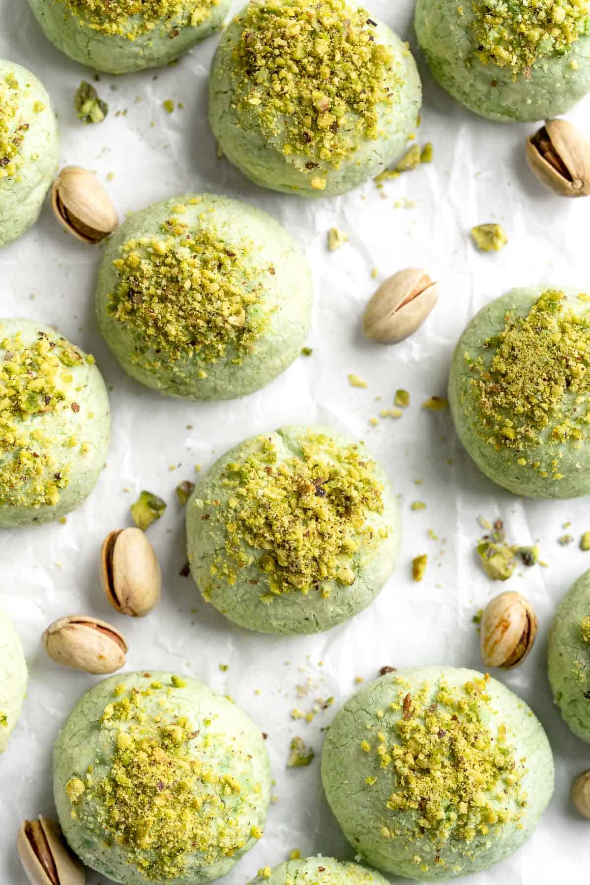 Pistachio Cookies are the perfect little bites, made with real ground pistachios suspended in a buttery, crumbly cookie dough, which melts in your mouth. | aheadofthyme.com