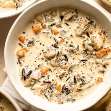 This homemade Creamy Wild Rice Soup is a simple recipe made with mushrooms, nutty wild rice, and yellow potatoes to offer a variety of textures and flavors. | aheadofthyme.com