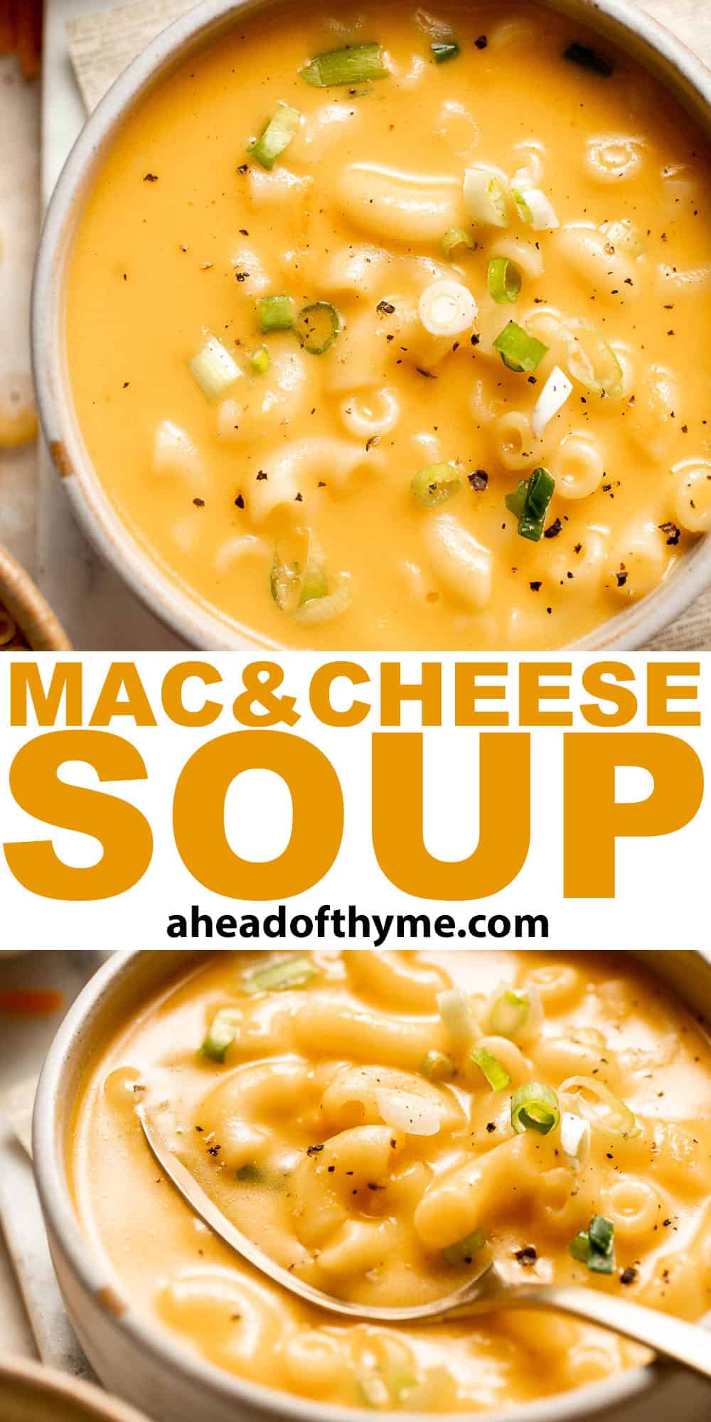 This decadent Mac and Cheese Soup is everything you love about macaroni and cheese turned into a rich and creamy soup. Ready in just 30 minutes! | aheadofthyme.com