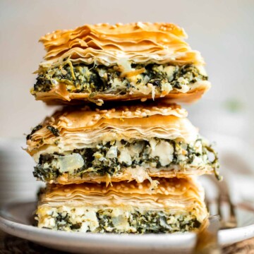 Spanakopita is a traditional Greek savory pie famous worldwide for its cheesy spinach filling nestled between layers of phyllo dough. It's easy to make too! | aheadofthyme.com