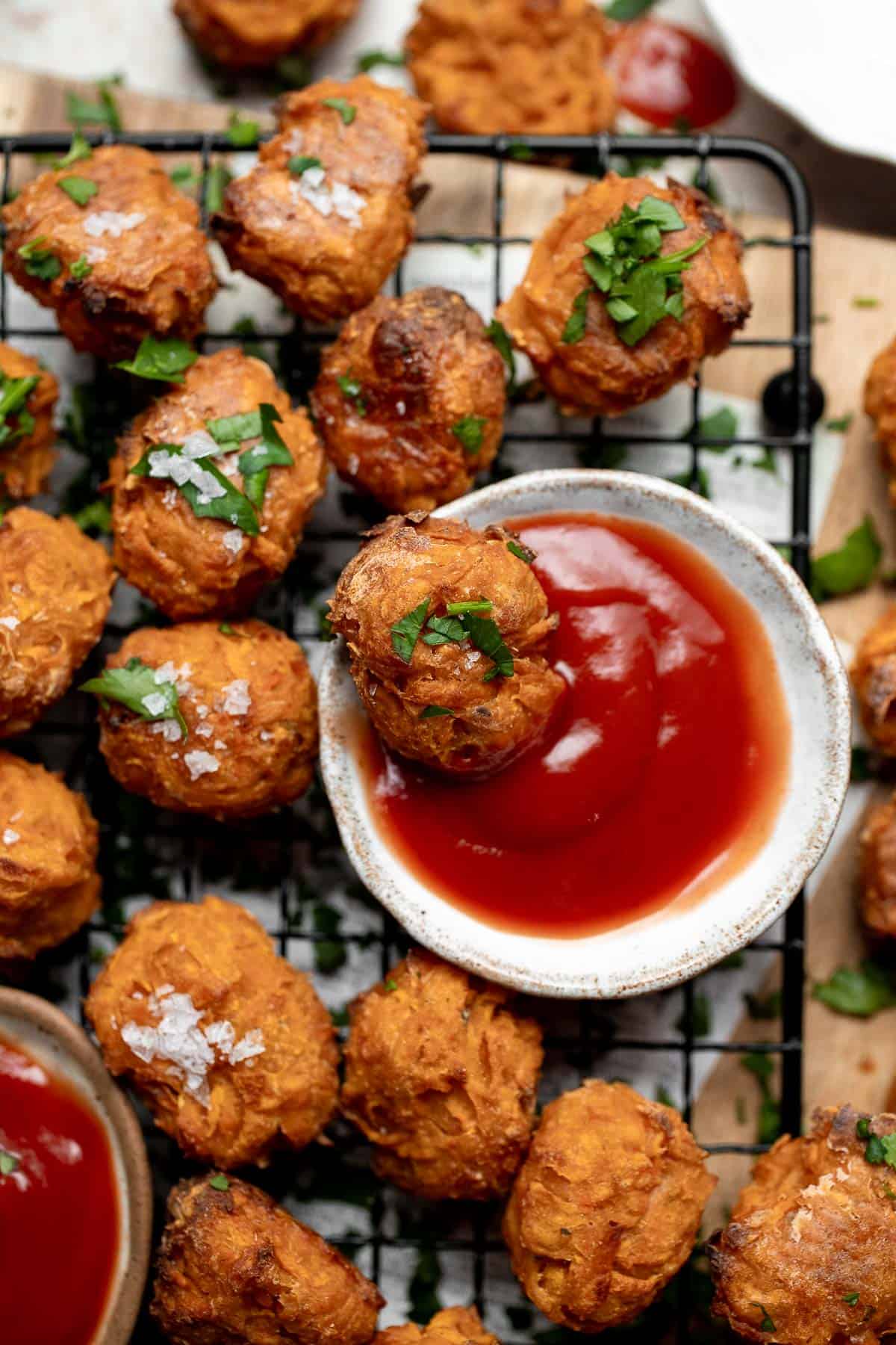 These homemade Sweet Potato Tater Tots are an easy to make appetizer using a few simple ingredients. They're oven-baked and healthier than storebought! | aheadofthyme.com