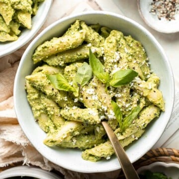 Broccoli Pesto Pasta is a fun twist on traditional pesto sauce and is ready to serve in under 30 minutes. It's a great way to serve some extra veggies! | aheadofthyme.com