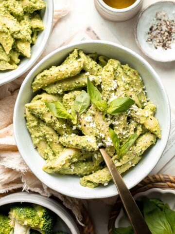 Broccoli Pesto Pasta is a fun twist on traditional pesto sauce and is ready to serve in under 30 minutes. It's a great way to serve some extra veggies! | aheadofthyme.com