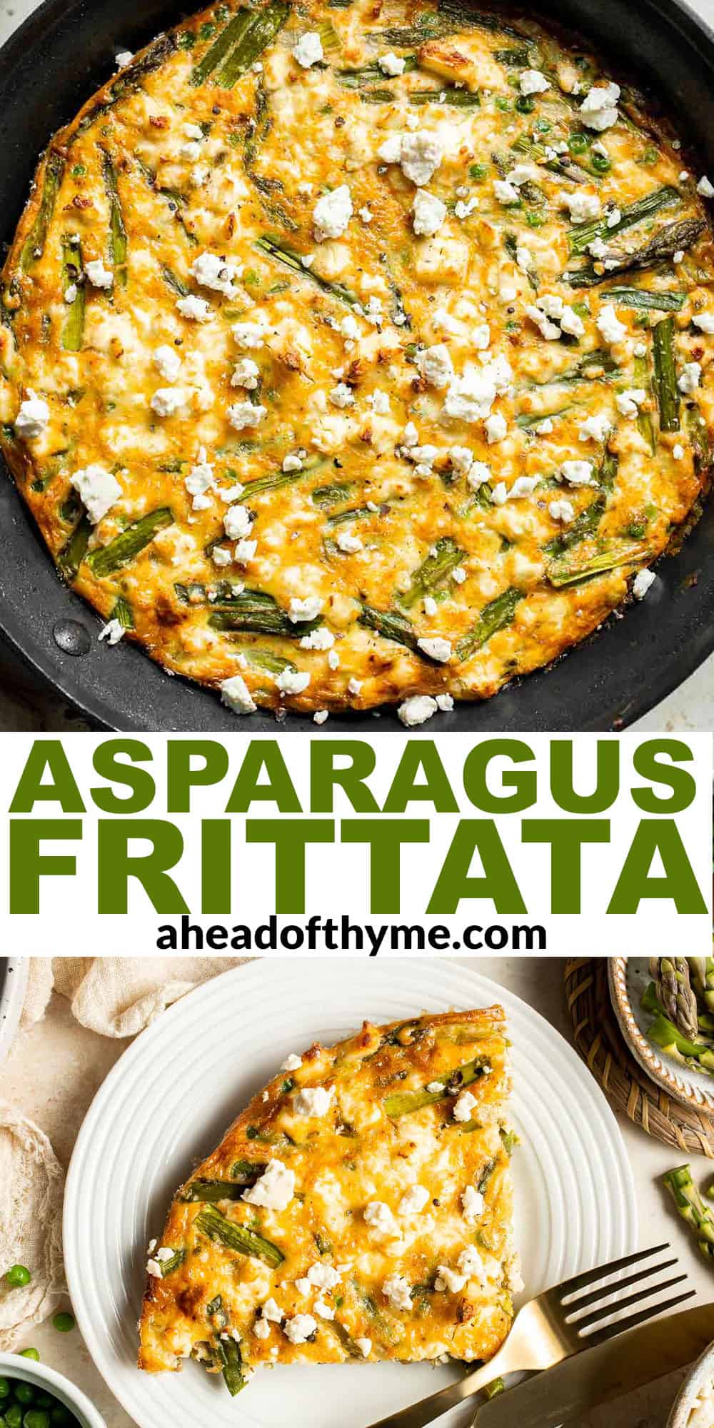 This Asparagus Frittata, made with sautéed asparagus and peas baked with eggs and creamy feta cheese, is perfect for your next spring brunch! | aheadofthyme.com